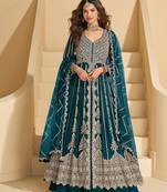 Teal chinon silk heavy embrodiered semi stitched wedding gowns