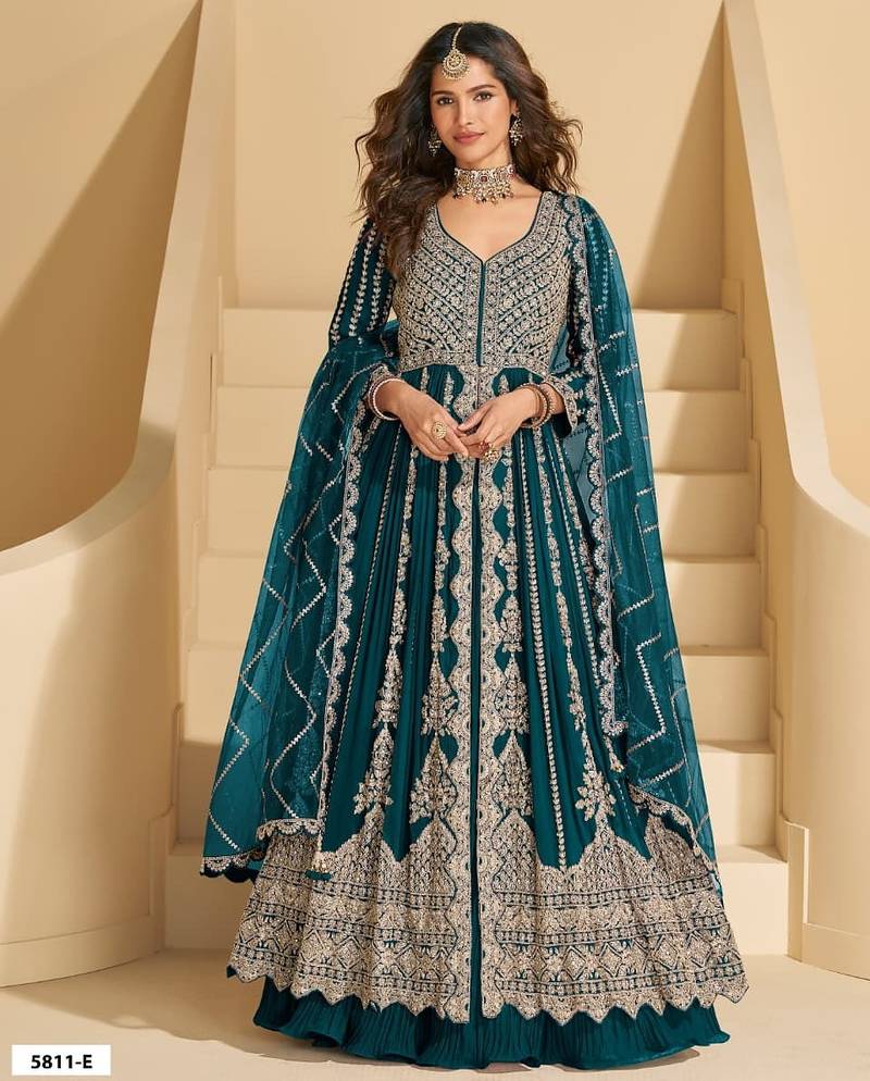 Teal chinon silk heavy embrodiered semi stitched wedding gowns