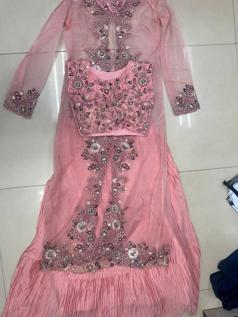 peach chinon silk embroidered ready to wear lehenga with strug