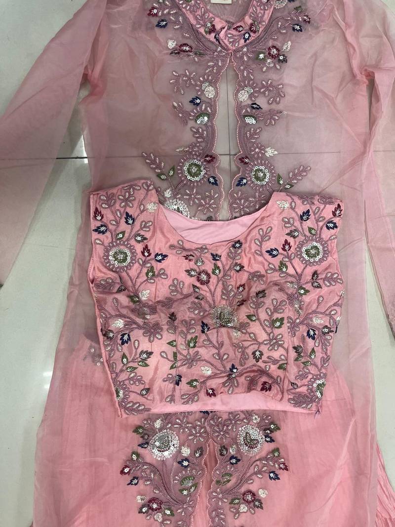 peach chinon silk embroidered ready to wear lehenga with strug