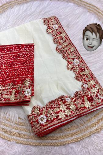 white color soft chiffon saree with maslin cutwork, coding sequins & multi work contrast lace and heavy blouse