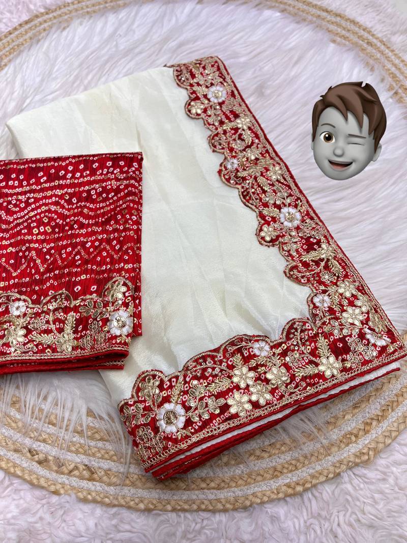 white color soft chiffon saree with maslin cutwork, coding sequins & multi work contrast lace and heavy blouse