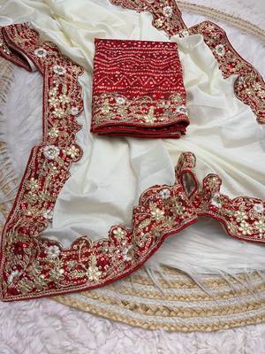 white color soft chiffon saree with maslin cutwork, coding sequins & multi work contrast lace and heavy blouse 2