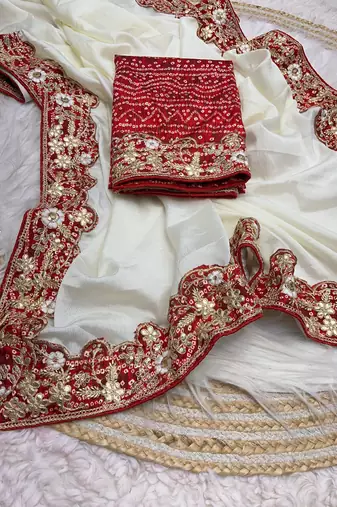 white color soft chiffon saree with maslin cutwork, coding sequins & multi work contrast lace and heavy blouse