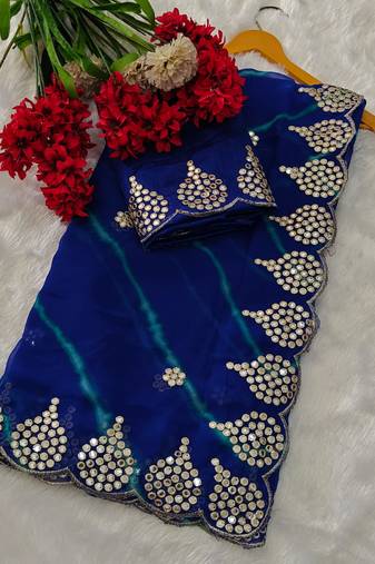 blue color designer georgette saree with zari cutwork border & bangalore blouse with work