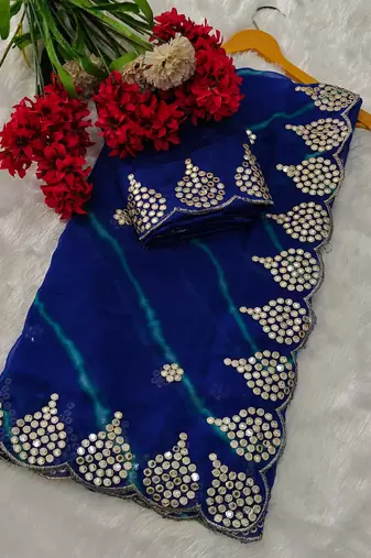 blue color designer georgette saree with zari cutwork border & bangalore blouse with work