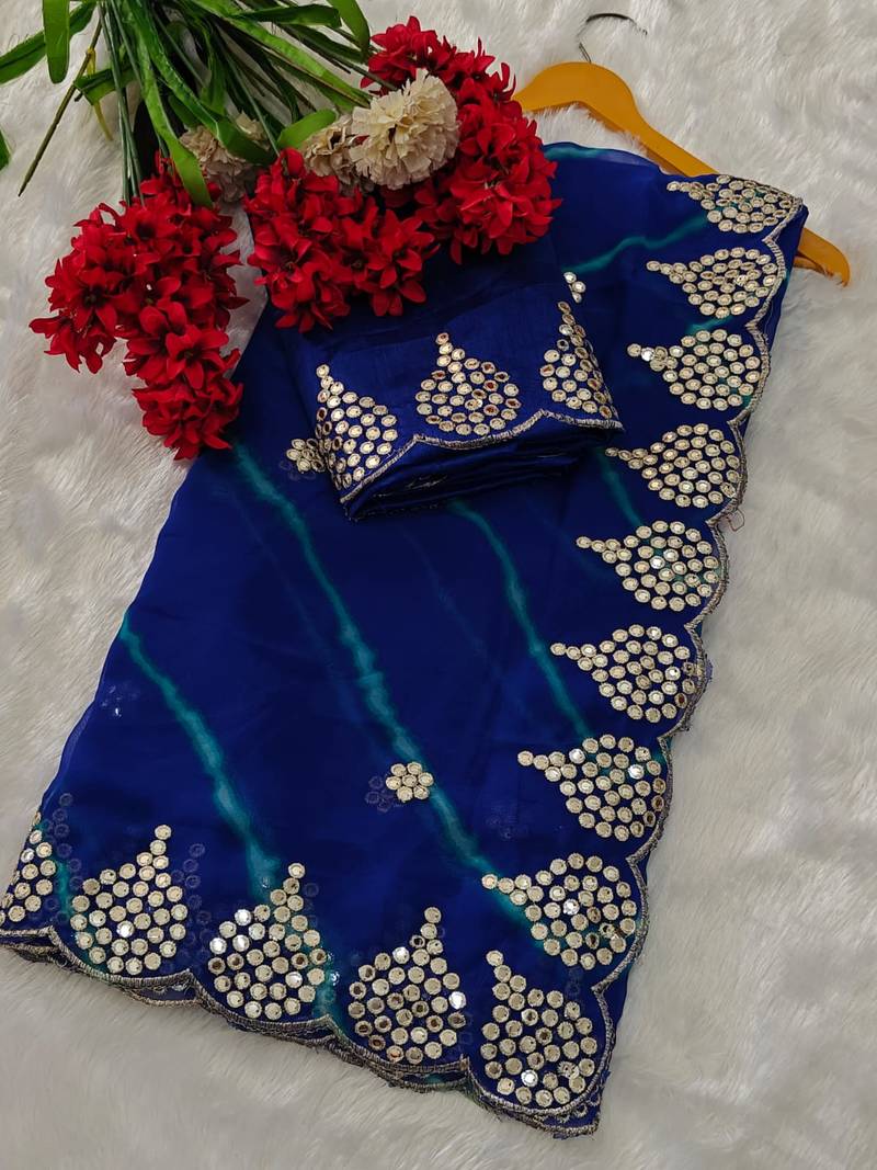 blue color designer georgette saree with zari cutwork border & bangalore blouse with work