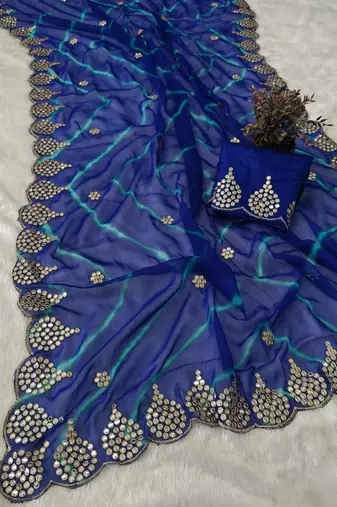 blue color designer georgette saree with zari cutwork border & bangalore blouse with work