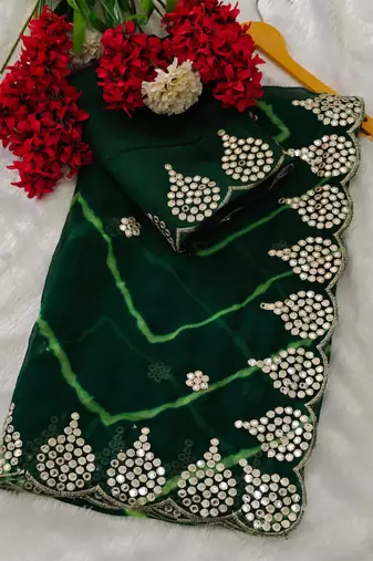 green color designer georgette saree with zari cutwork border & bangalore blouse with work