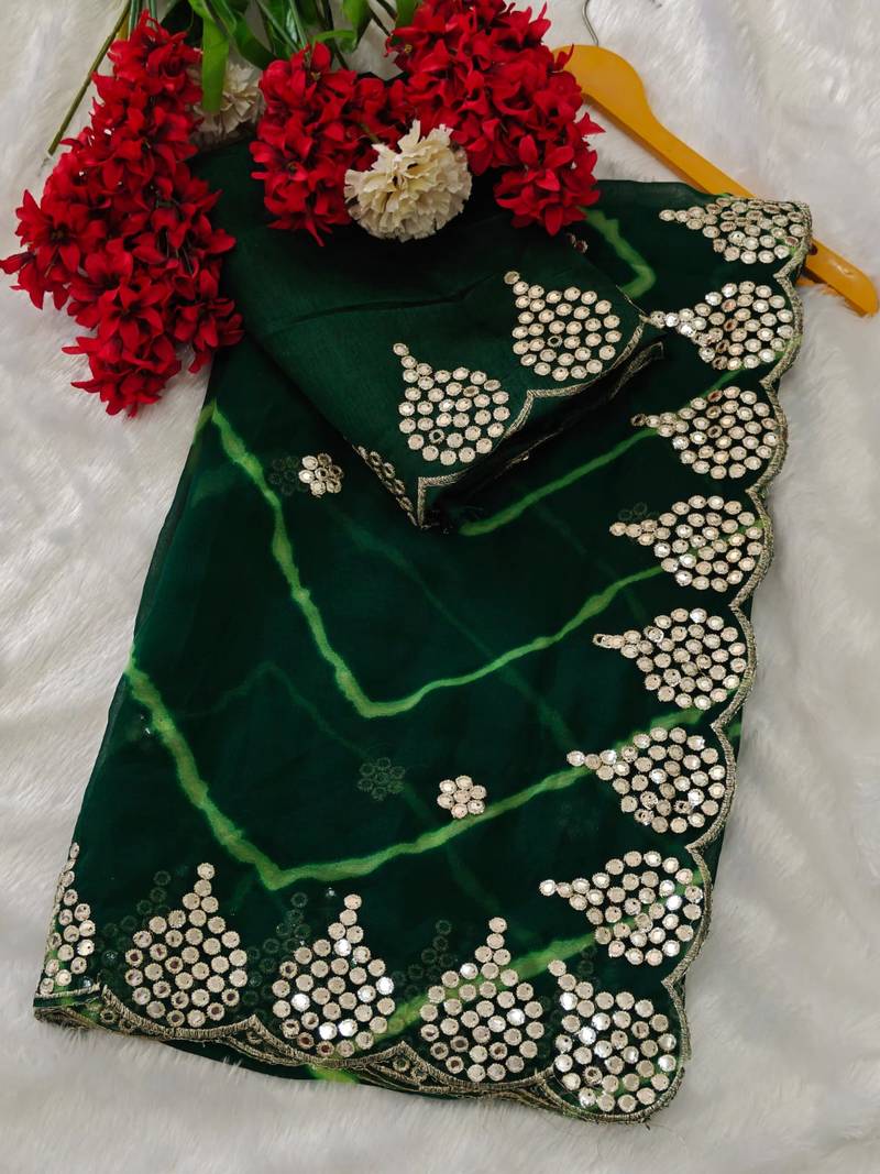 green color designer georgette saree with zari cutwork border & bangalore blouse with work