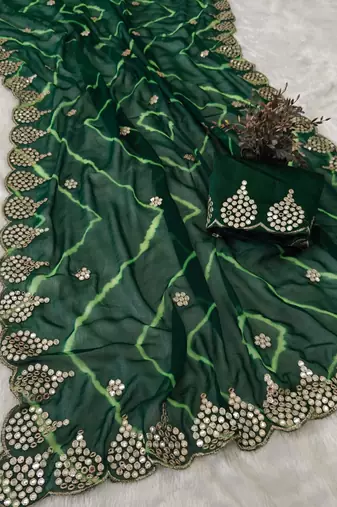 green color designer georgette saree with zari cutwork border & bangalore blouse with work