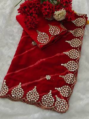 red color designer georgette saree with zari cutwork border & bangalore blouse with work 1