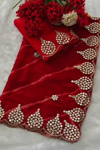 red color designer georgette saree with zari cutwork border & bangalore blouse with work