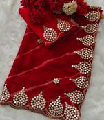 red color designer georgette saree with zari cutwork border & bangalore blouse with work