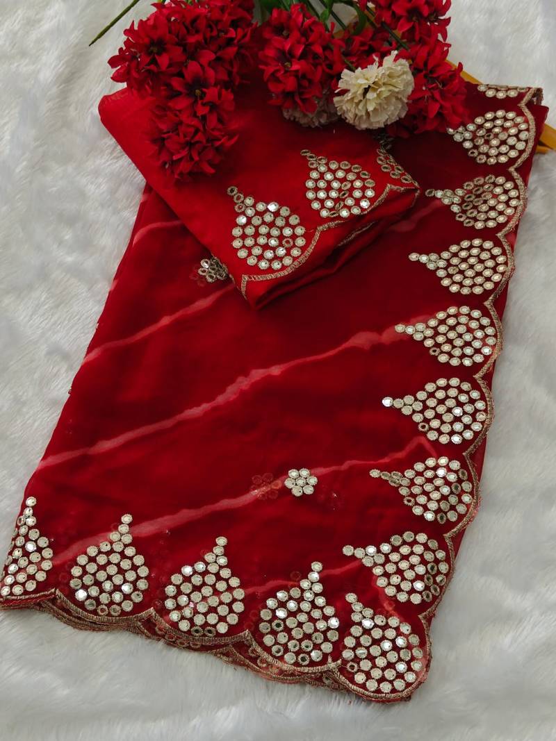 red color designer georgette saree with zari cutwork border & bangalore blouse with work