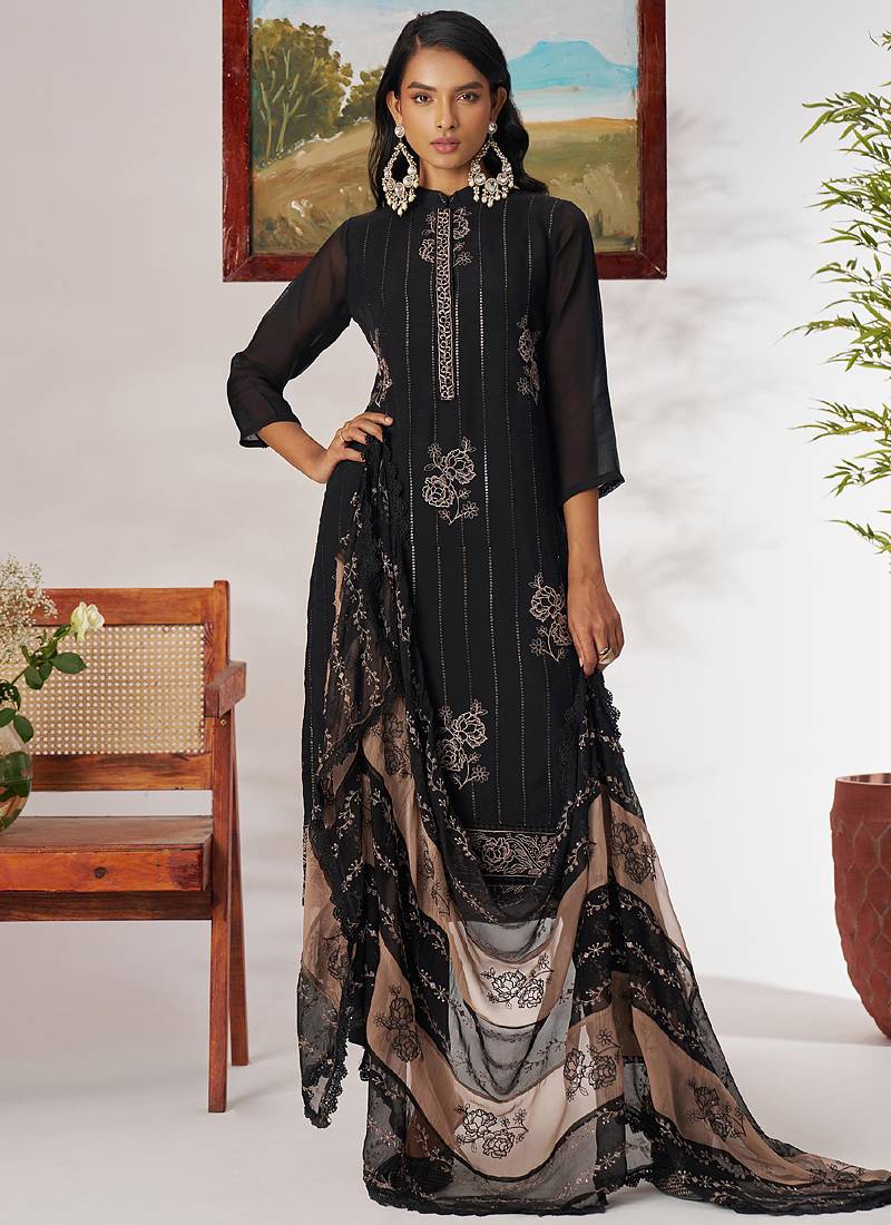Black pure organza embroidered designer salwar suit