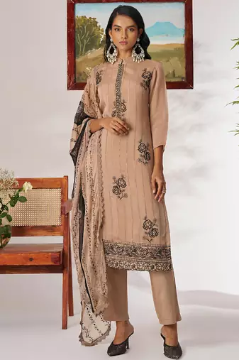 Beige pure organza embroidered designer salwar suit