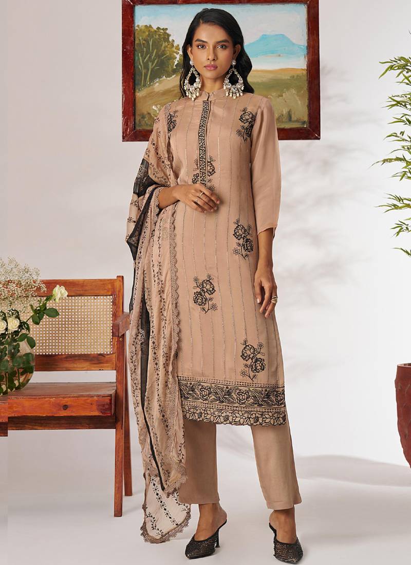 Beige pure organza embroidered designer salwar suit