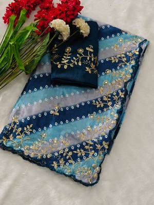 chiffon lehriya bandhani design saree with heavy thread & sequins work 1