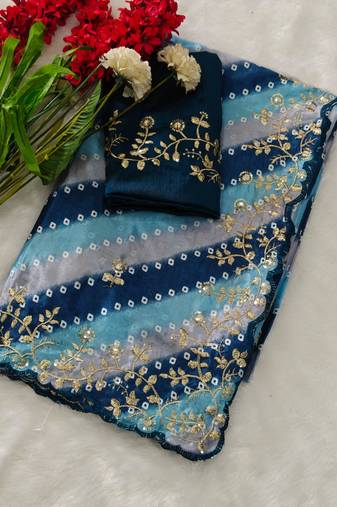 chiffon lehriya bandhani design saree with heavy thread & sequins work