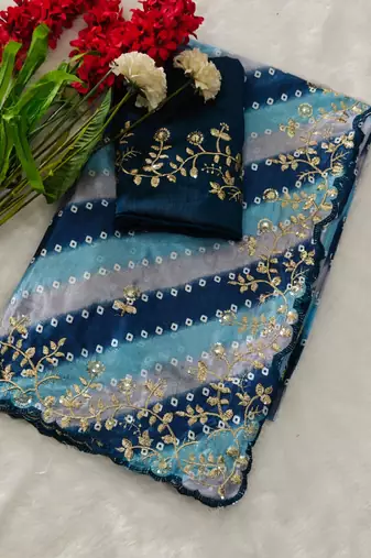chiffon lehriya bandhani design saree with heavy thread & sequins work