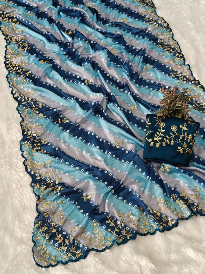 chiffon lehriya bandhani design saree with heavy thread & sequins work