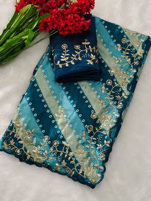 chiffon lehriya bandhani design saree with heavy thread & sequins work 1