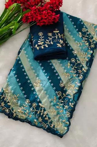 chiffon lehriya bandhani design saree with heavy thread & sequins work