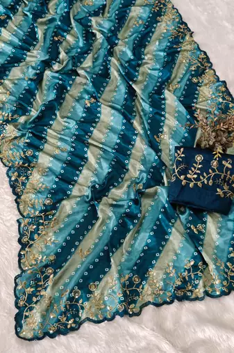 chiffon lehriya bandhani design saree with heavy thread & sequins work