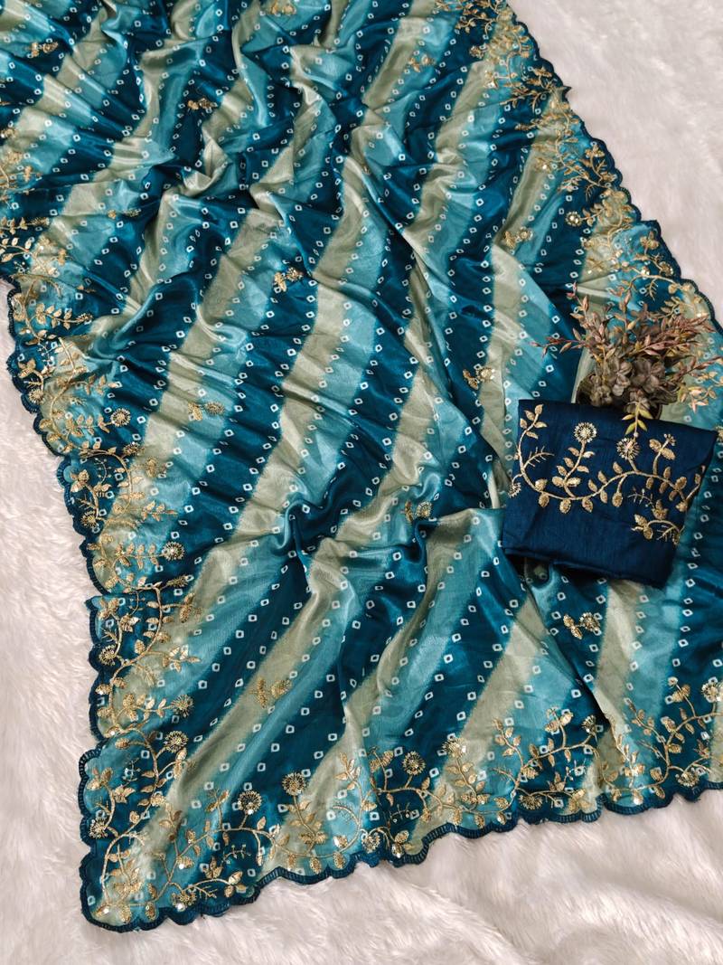 chiffon lehriya bandhani design saree with heavy thread & sequins work