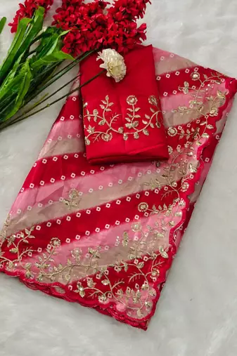 chiffon lehriya bandhani design saree with heavy thread & sequins work
