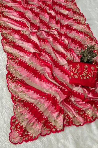 chiffon lehriya bandhani design saree with heavy thread & sequins work