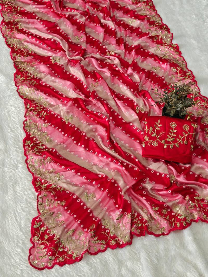 chiffon lehriya bandhani design saree with heavy thread & sequins work