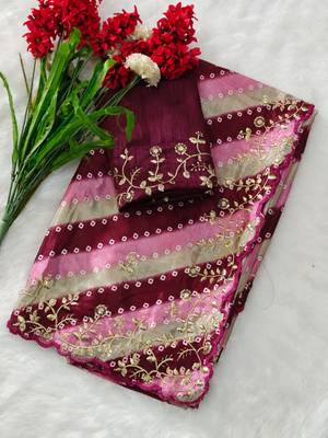chiffon lehriya bandhani design saree with heavy thread & sequins work 1