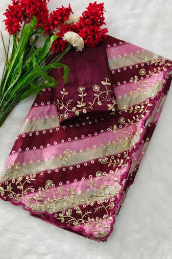 chiffon lehriya bandhani design saree with heavy thread & sequins work
