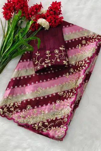 chiffon lehriya bandhani design saree with heavy thread & sequins work