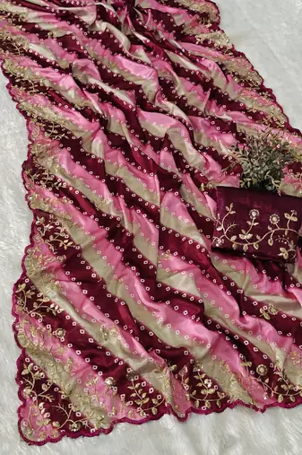 chiffon lehriya bandhani design saree with heavy thread & sequins work