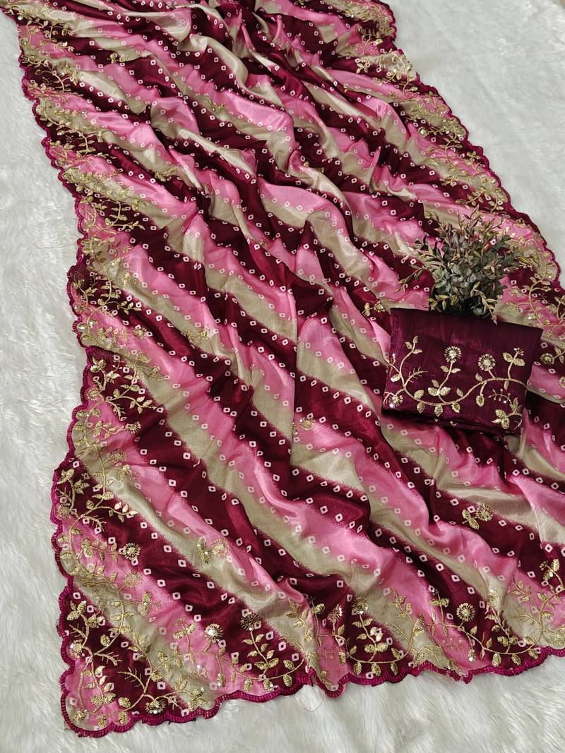 chiffon lehriya bandhani design saree with heavy thread & sequins work