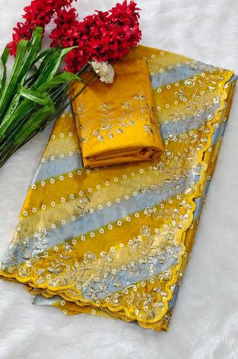 chiffon lehriya bandhani design saree with heavy thread & sequins work