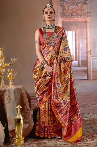 yellow art silk blend patola print saree with red blouse