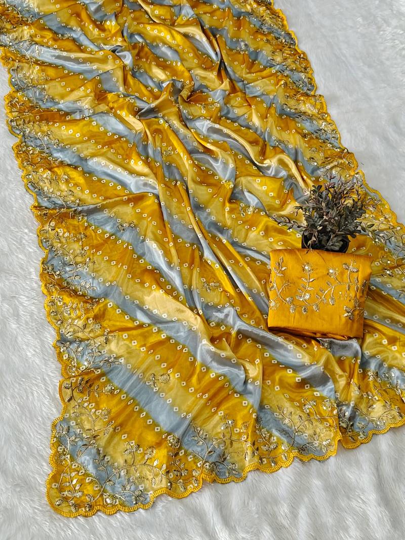 chiffon lehriya bandhani design saree with heavy thread & sequins work