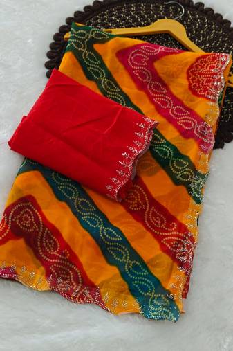 designer georgette saree with elegant design pattern & diamond cutwork border with blouse piece