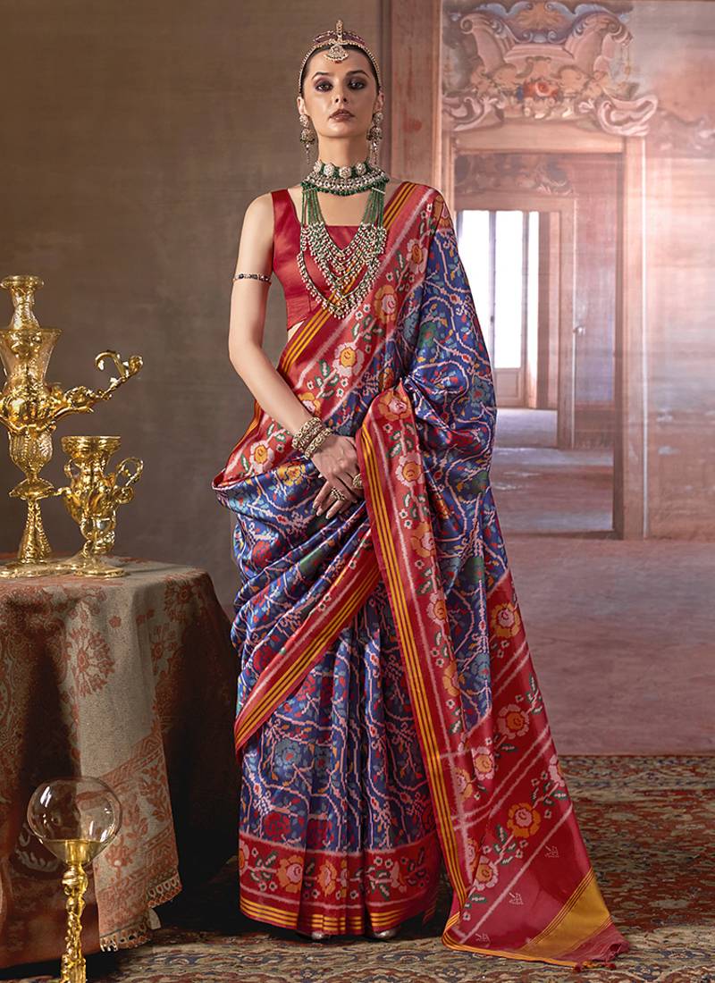 navy blue art silk blend patola print saree with red blouse