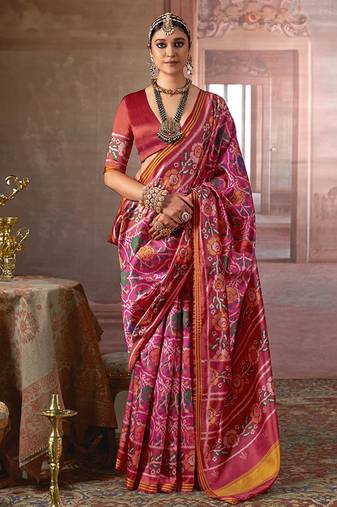 pink art silk blend patola print saree with red blouse