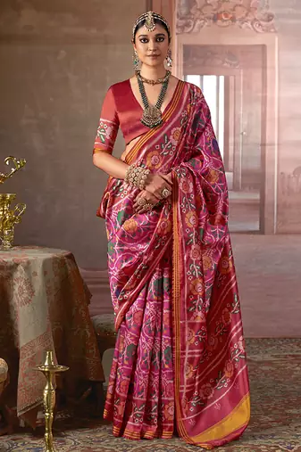 pink art silk blend patola print saree with red blouse