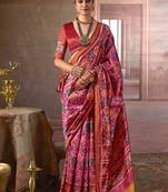 pink art silk blend patola print saree with red blouse