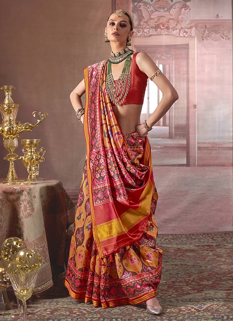 multicolor art silk blend patola print saree for wedding & festive wear