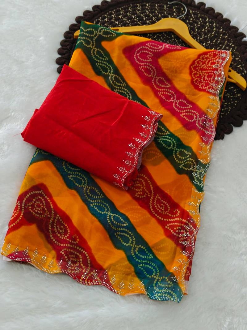 designer georgette saree with elegant design pattern & diamond cutwork border with blouse piece