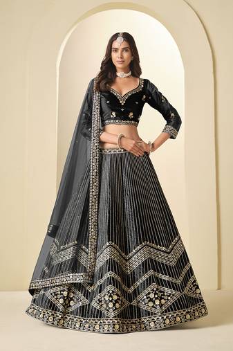 Black Velvet Embroidered Sequins Work A Line Lehenga Choli