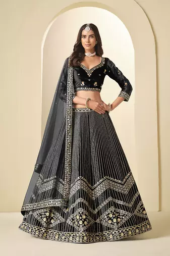 Black Velvet Embroidered Sequins Work A Line Lehenga Choli
